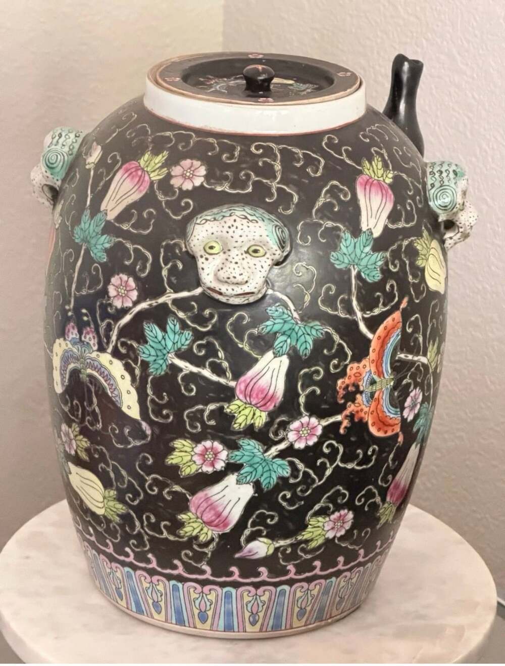 Vintage Chinese Famille Noire Porcelain Ginger Jar with Lid and Foo Dog Handles